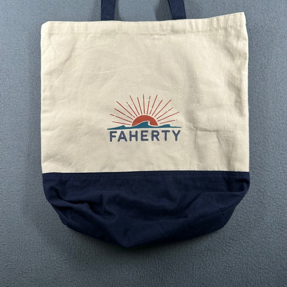 Faherty Canvas Tote Bag Beach Sun Wave Logo‎ Navy Bottom Reusable Grocery